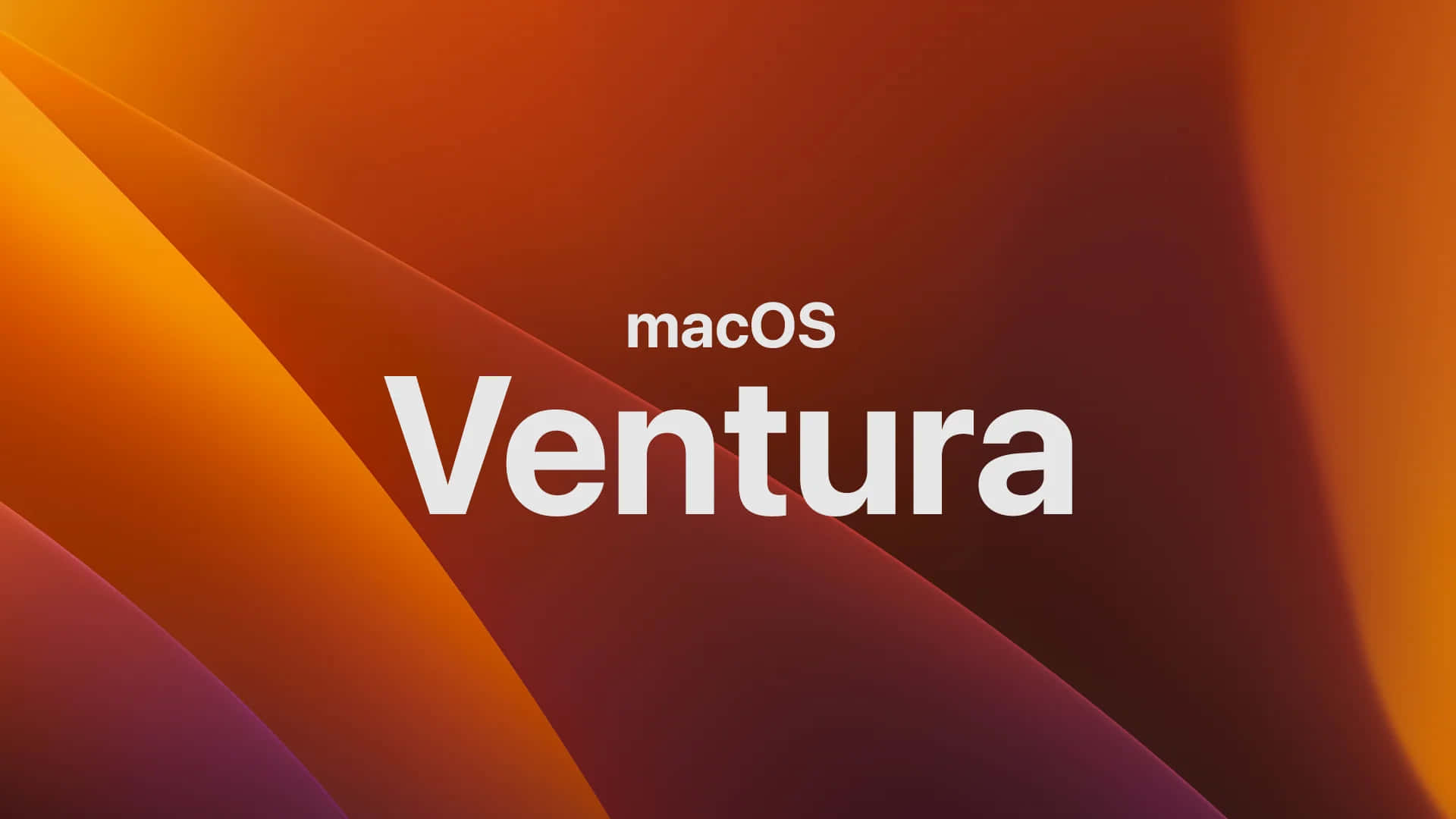  壁紙 — 鮮豔的橙色和紅色抽象波浪在粗體白色 macOS Ventura 文字後流動。