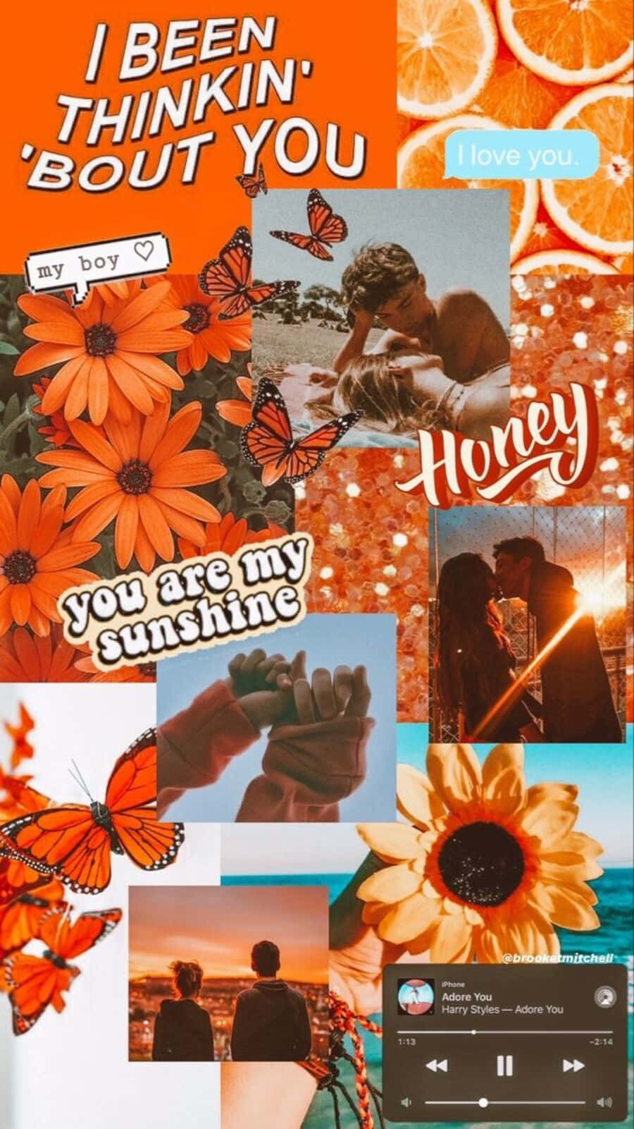  壁紙 — 充滿活力的橙色和黃色拼貼畫，包含浪漫照片、蝴蝶、花朵和表達愛意與情感的文字疊加。