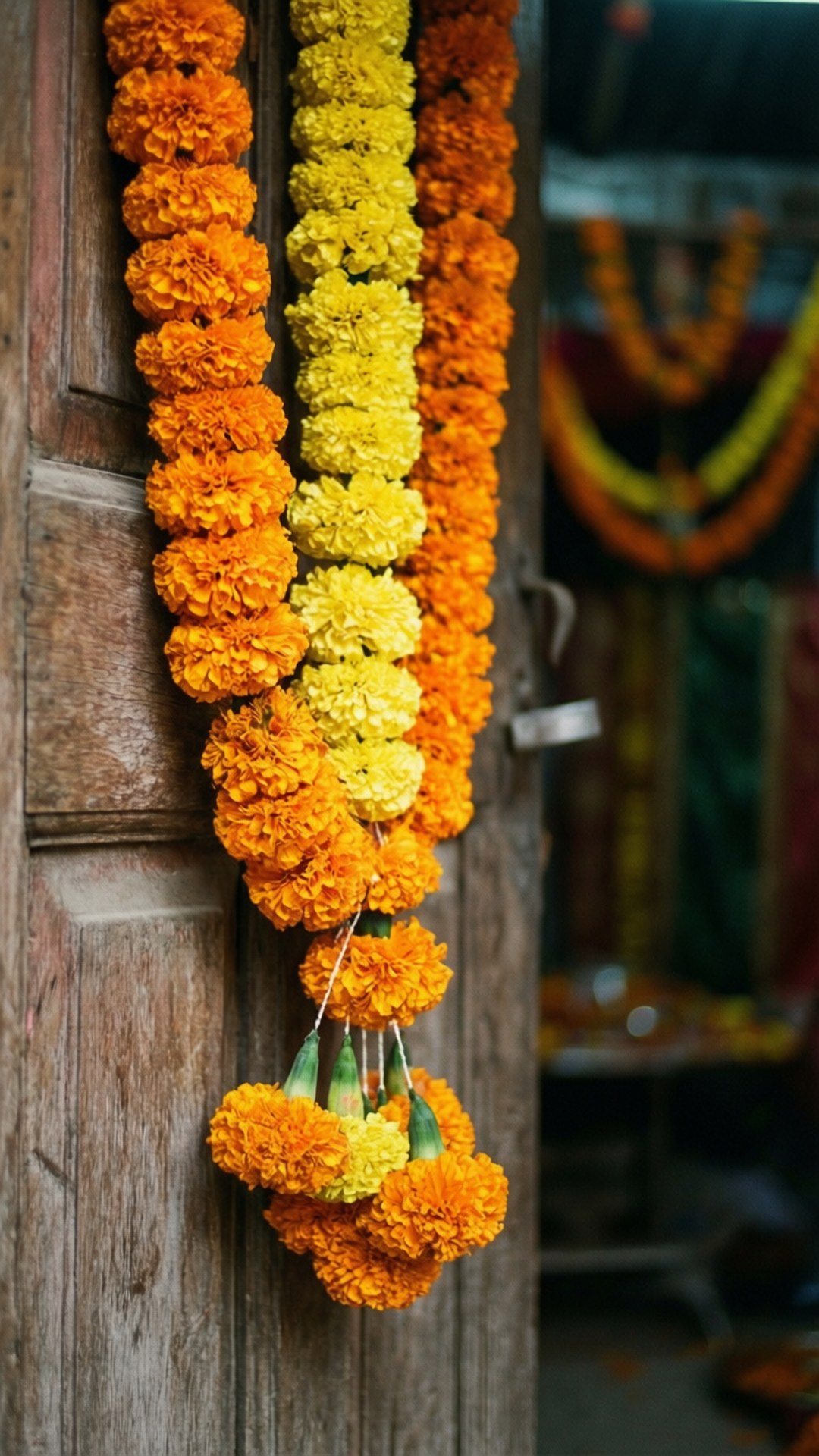 Festive Marigold Garland 壁紙 — 鮮豔的橙色和黃色萬壽菊花環整齊地掛在風化的木門上，背景柔和模糊。