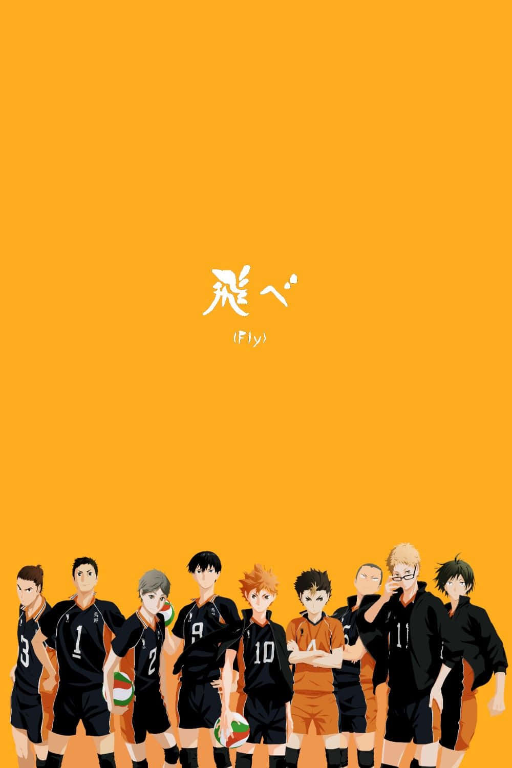  壁紙 — 充滿活力的橙色背景上，有一排身穿黑色制服、帶有白色號碼的動漫排球運動員，其中一人穿著橙色短褲並手持排球。