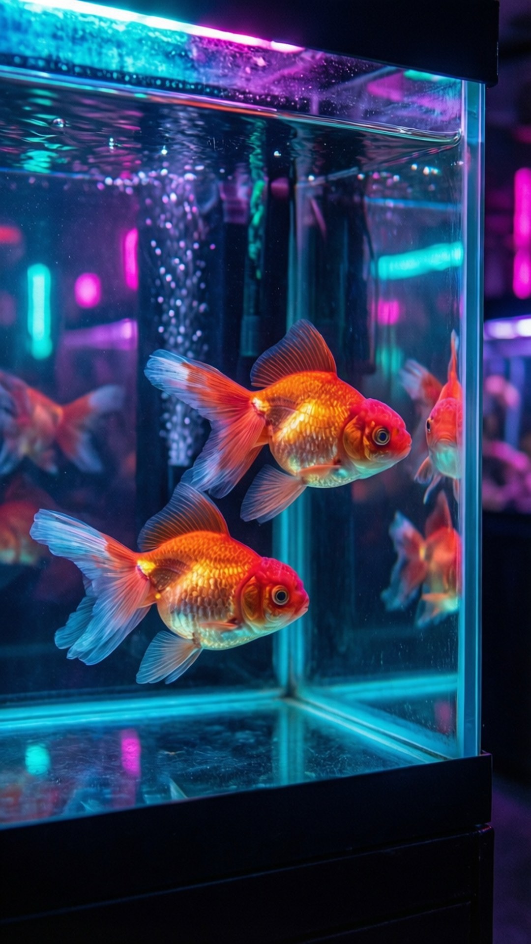 Neon Goldfish Cyberpunk 壁紙 — 鮮豔的橙色金魚在霓虹粉紅和青色燈光照亮的玻璃缸中優雅地游動。