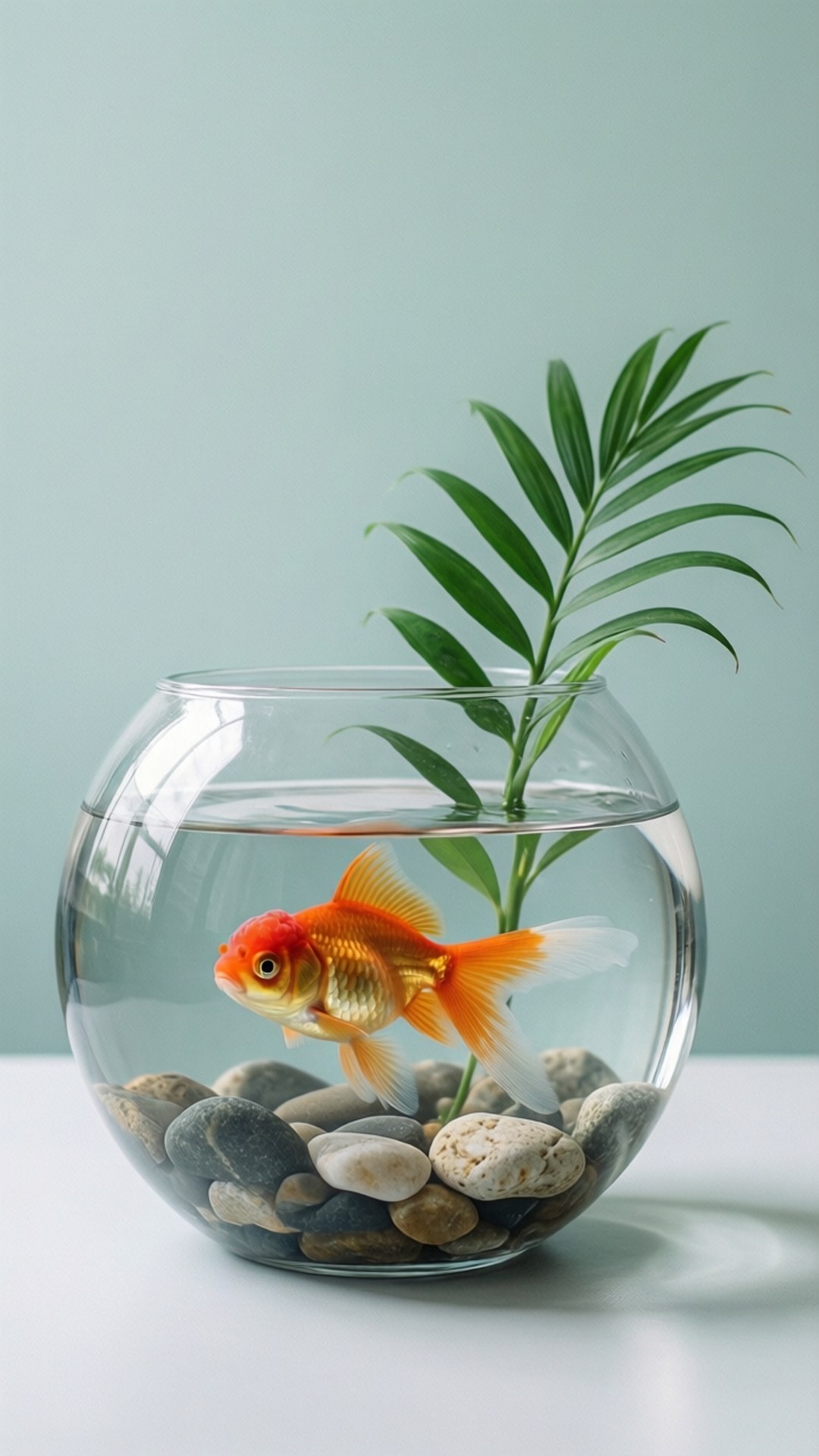 Minimalist Goldfish Bowl 壁紙 — 一條充滿活力的橙色金魚在一個裝滿光滑石頭和一棵綠色葉子植物的透明玻璃碗中優雅地游動，背景是柔和的藍綠色牆壁。