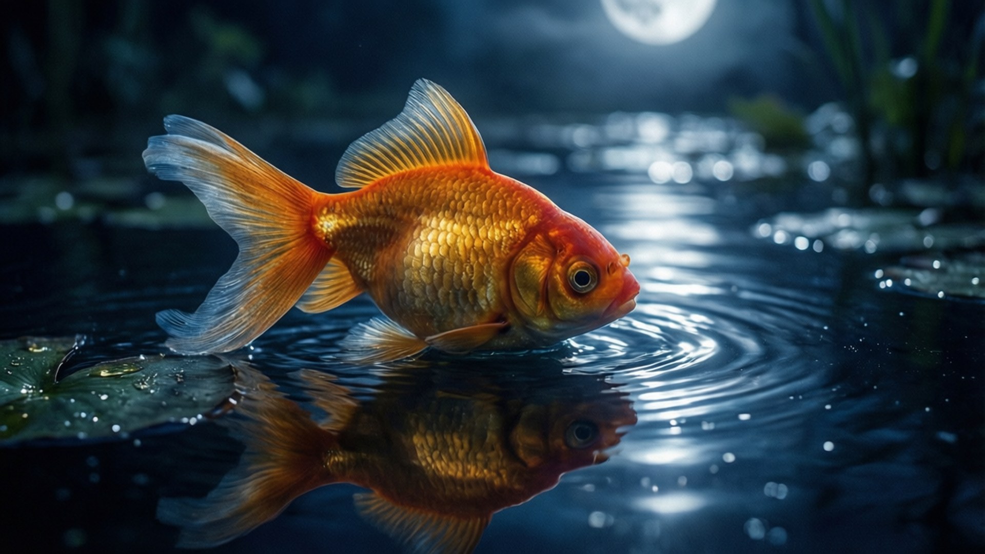 Moonlit Goldfish Serenity 壁紙 — 一條鮮豔的橙色金魚在月光照耀的池塘表面附近游動，產生漣漪和清晰的倒影。