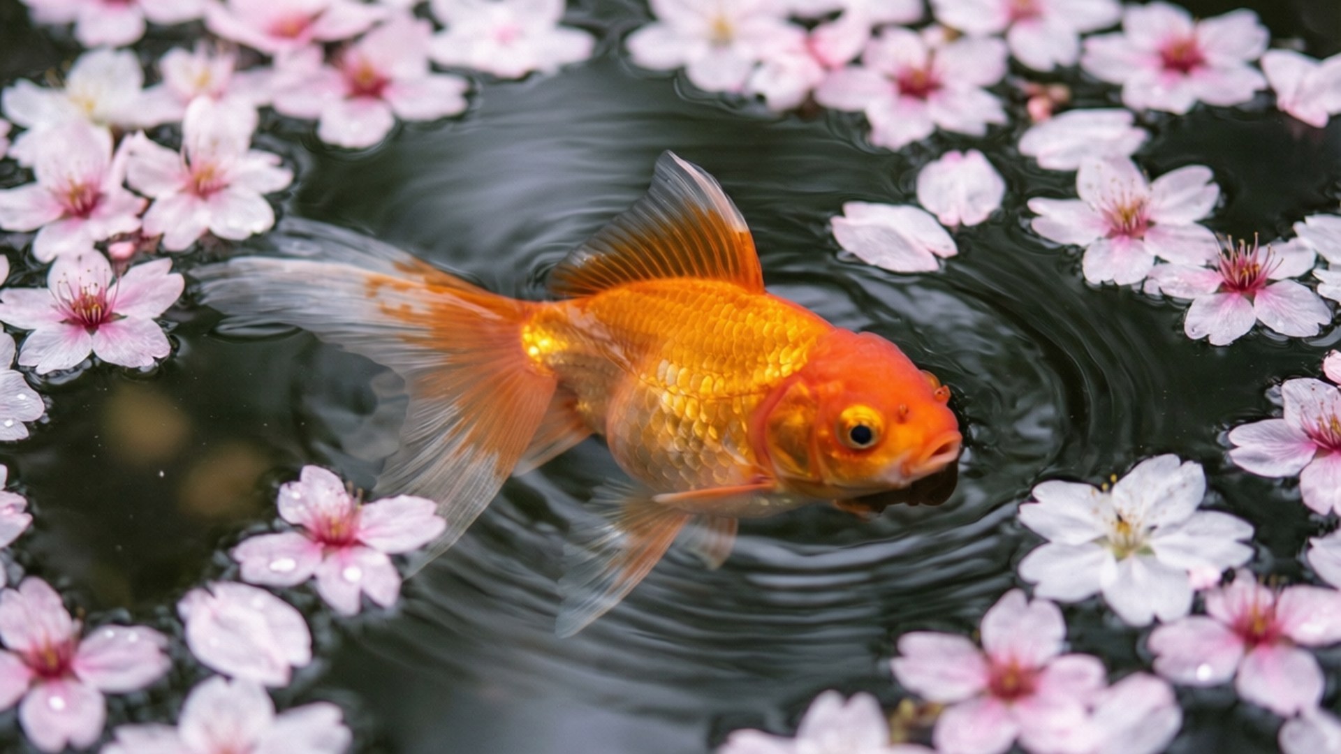 Cherry Blossom Goldfish 壁紙 — 一條鮮豔的橙色金魚在黑暗的水中優雅地游動，周圍漂浮著粉紅色和白色的櫻花。