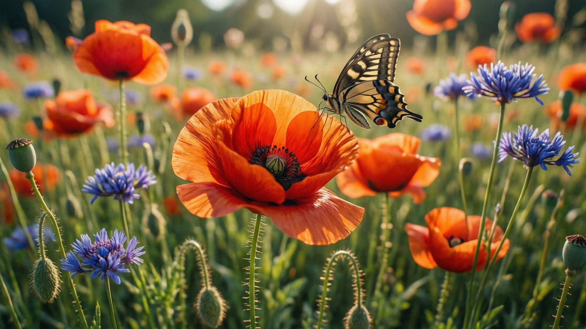 Poppies and Butterflies 壁紙 — 一朵鮮豔的橙色罌粟花，有一隻黑黃相間的蝴蝶棲息在花瓣上，周圍是藍色矢車菊，在陽光明媚的草地上。