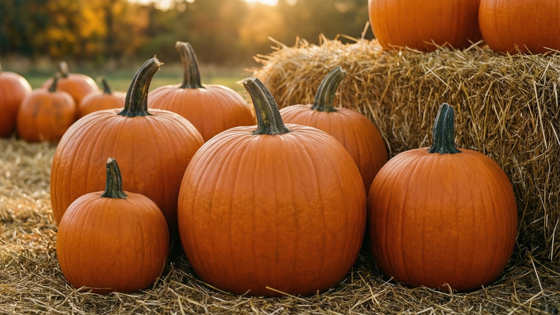 Autumn Pumpkin Patch 壁紙 — 鮮豔的橙色南瓜放在金色的乾草捆上，沐浴在溫暖的日落光中。