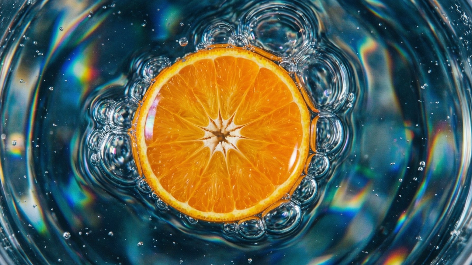 Liquid Orange Circle 壁紙 — 一片鮮豔的橙片漂浮在清澈的水中，漣漪和彩虹色的光折射形成動態的圓形圖案。