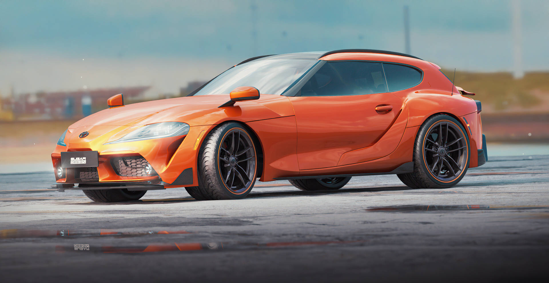 橙色跑車配黑色輪圈停在潮濕路面。 — Toyota Supra 壁紙