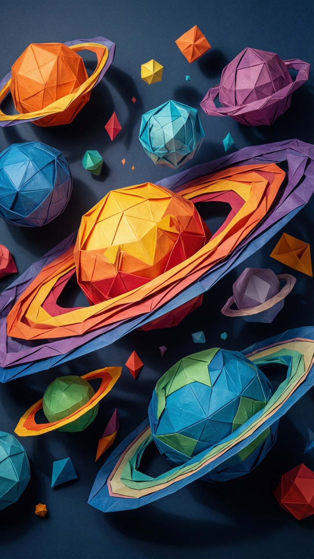Origami Realms 壁紙 — 色彩繽紛的摺紙行星帶有彩色環圈，漂浮在深藍色背景上。