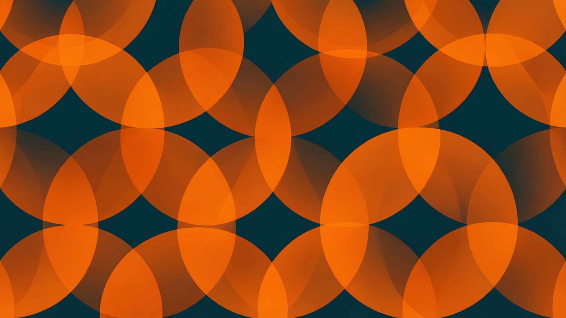 Geometric Orange Overlap 壁紙 — 充滿活力的橙色重疊圓圈在深青色背景上形成節奏感圖案。