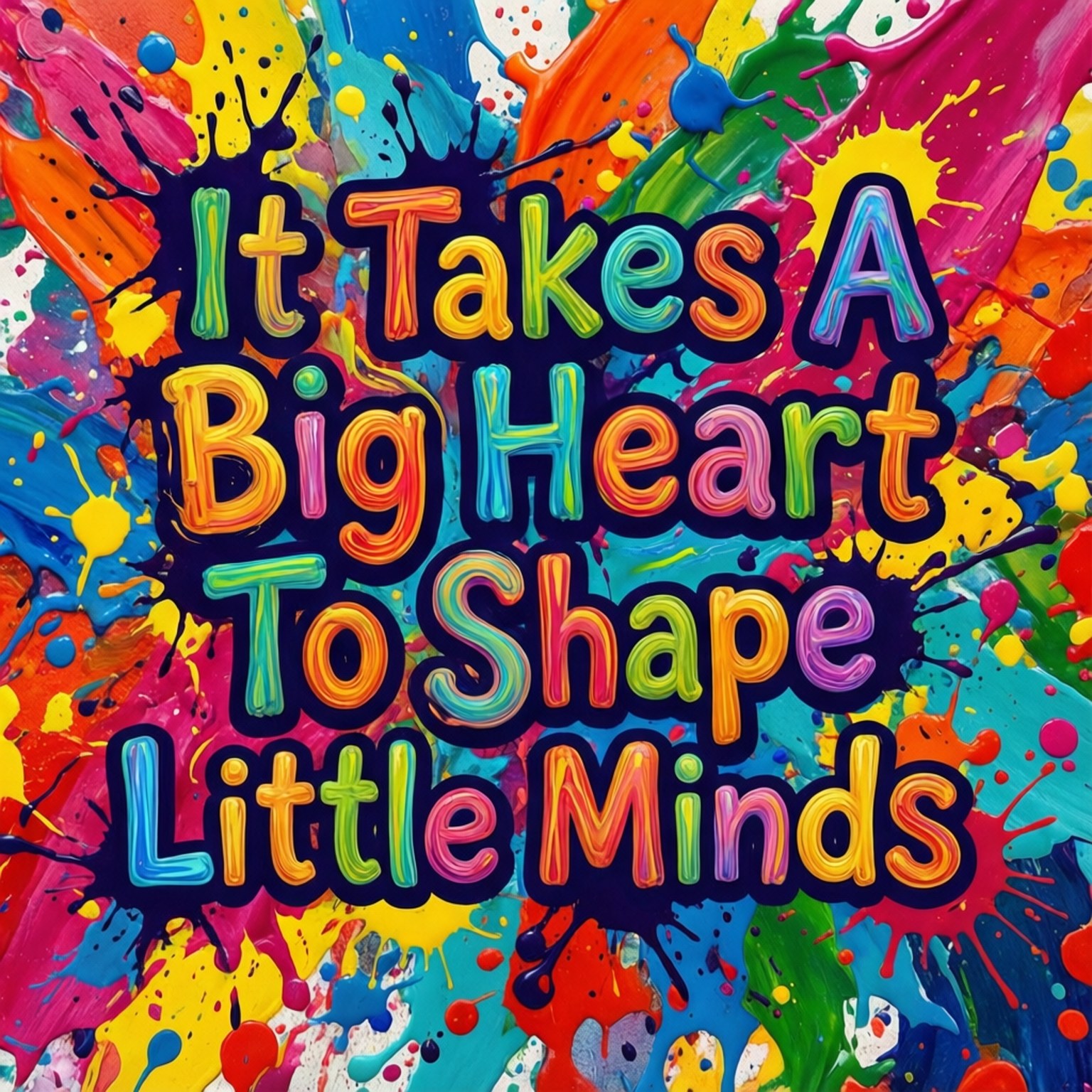 色彩繽紛的油漆飛濺，搭配彩虹色文字，寫著 'It Takes A Big Heart To Shape Little Minds'。