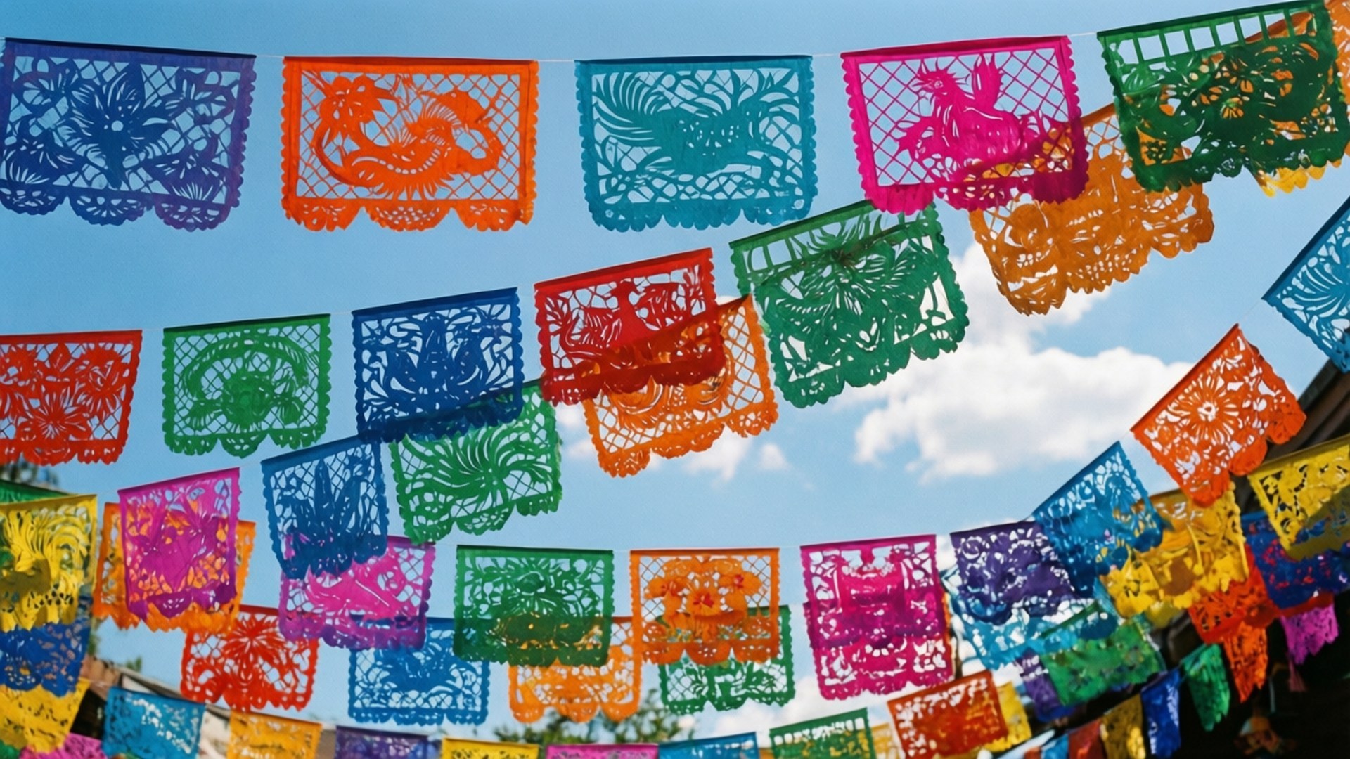 Papel Picado Sky 壁紙 — 紅色、藍色、綠色和黃色的鮮豔 papel picado 橫幅掛在明亮的藍天和 fluffy 白雲前。