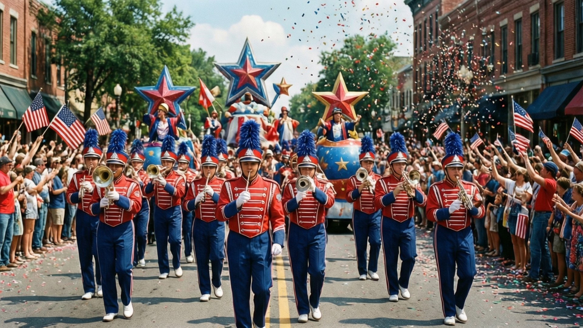 Fourth of July Parade 壁紙 — 一個充滿活力的遊行，有穿著紅色和藍色制服的遊行樂隊演奏銅管樂器，沿著街道兩旁歡呼的人群揮舞美國國旗，五彩紙屑從天而降。