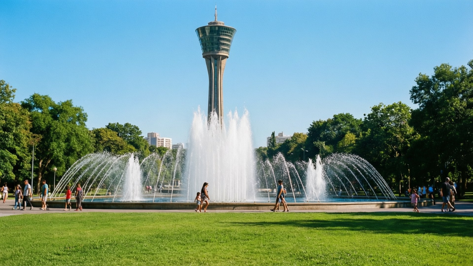 Aspire Park Fountain 壁紙 — 一個充滿活力的公園場景，在晴朗的藍天下，一個大型噴泉在高的觀景塔前噴出水弧。