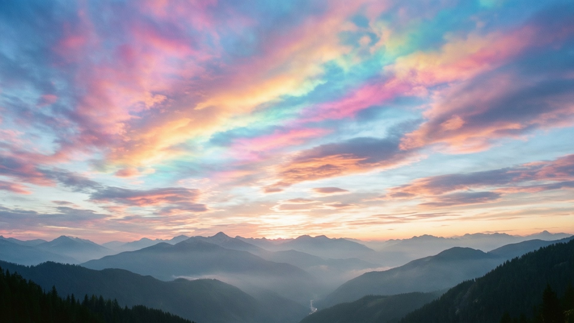 桌布 壁紙 — 充滿活力的粉彩雲彩在日出時掠過山脈，將柔和的光線灑在霧氣繚繞的山谷和森林覆蓋的山峰上。
