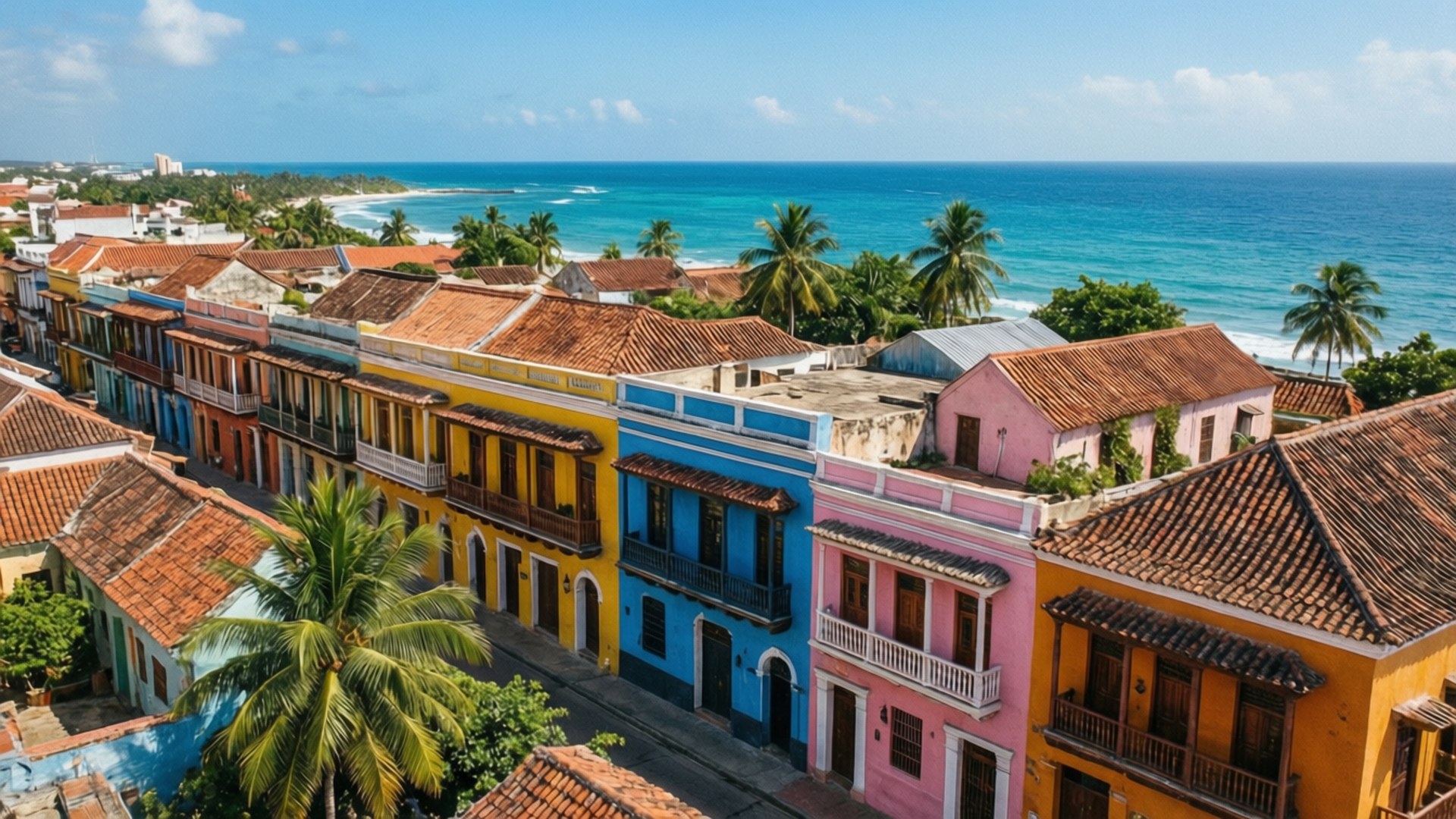 Cartagena Colorful Skyline 壁紙 — 充滿活力的粉彩殖民風格建築，配以赤陶屋頂，排列在沿海街道上，俯瞰著碧綠的海洋和棕櫚樹，天空清澈湛藍。