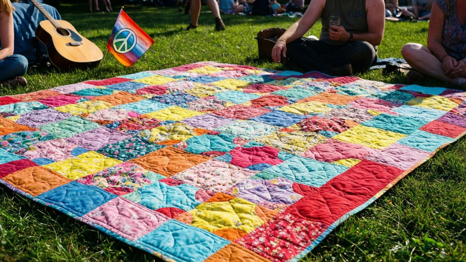 Woodstock Quilt Picnic 壁紙 — 一塊色彩鮮豔的拼布被子上有彩虹方格，放在綠色草地上，人們圍坐著手持飲料和和平旗幟。