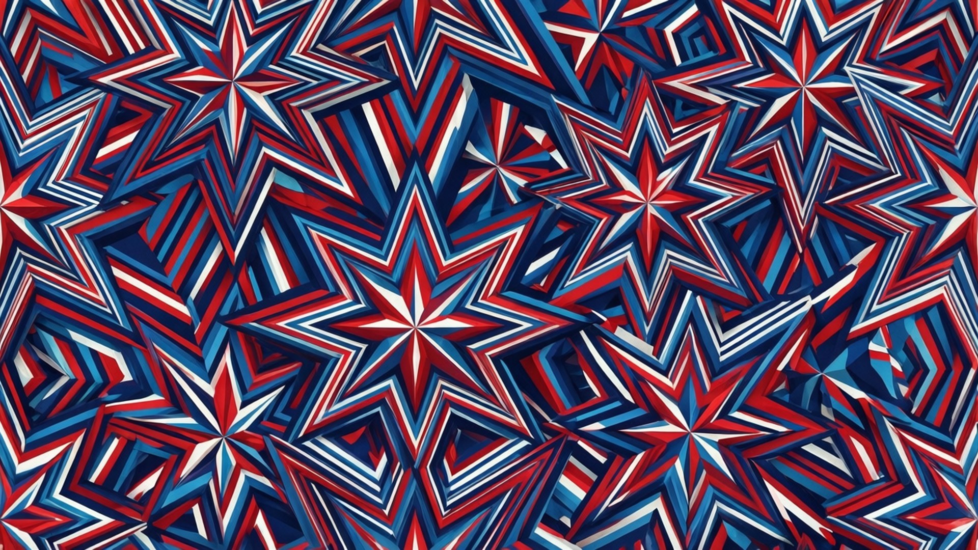 Geometric Stars 壁紙 — 一個充滿活力的圖案，由重疊的紅、白、藍星星組成，帶有銳利的幾何輪廓和大膽的對比色。