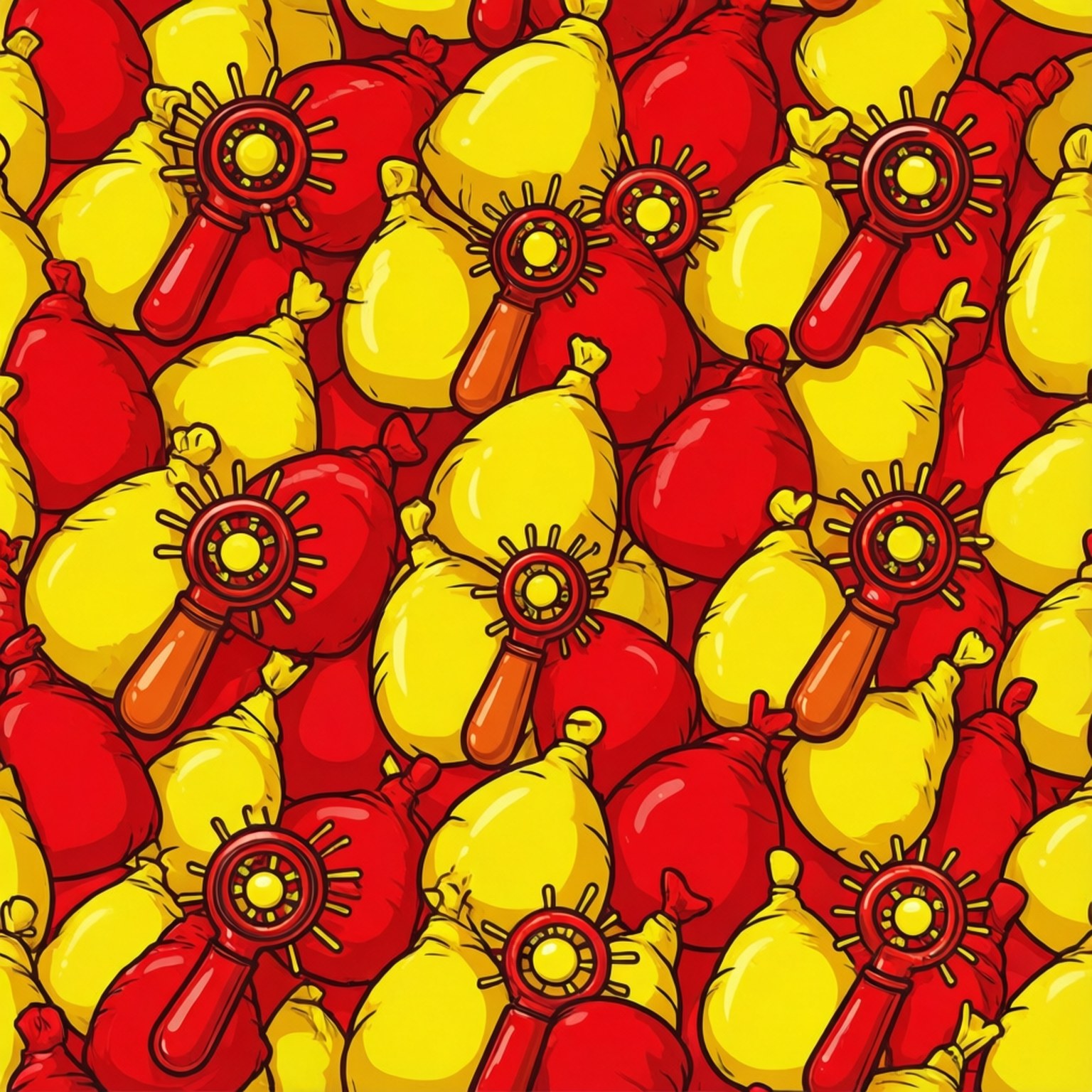 Prank Pattern Tile 壁紙 — 鮮豔的紅色和黃色袋子圖案，每個袋子頂部都有紅色太陽爆發手柄，採用大膽的卡通風格。