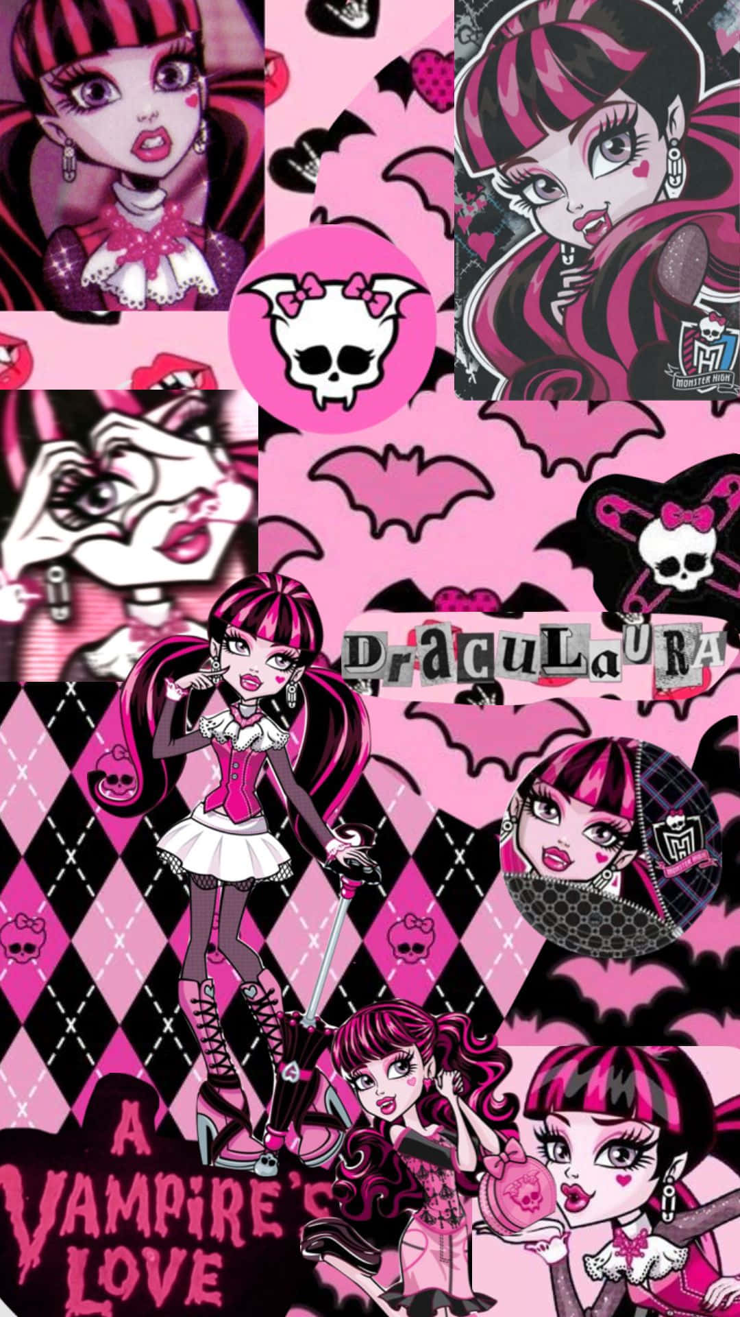  壁紙 — 充滿活力的粉紅色和黑色拼貼畫， featuring 來自 Monster High 的 Draculaura，帶有蝙蝠、骷髏頭和吸血鬼圖案。
