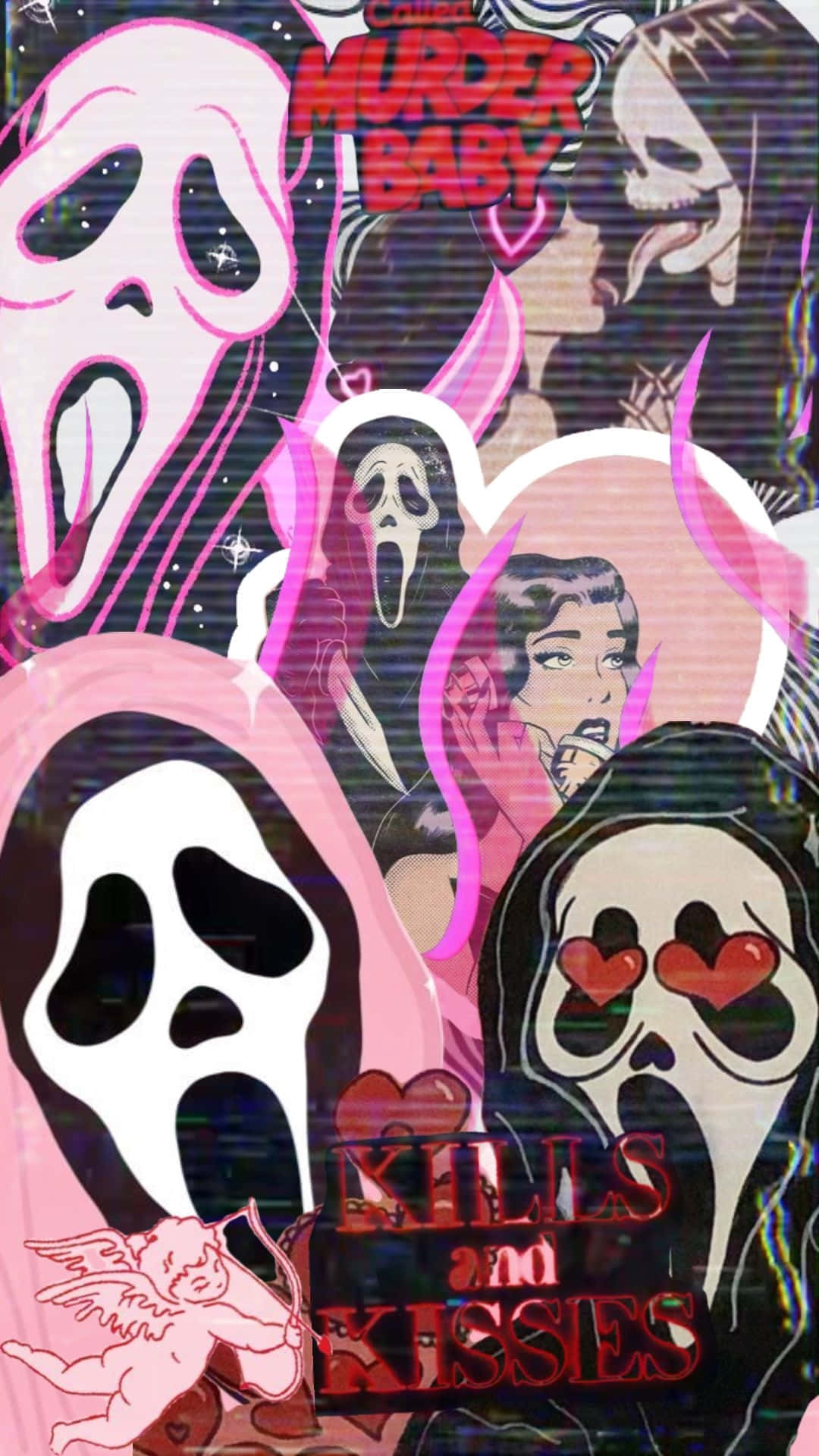  壁紙 — 充滿活力的粉紅色和黑色拼貼畫，帶有心形和文字的 Scream 鬼魂，呈現故障復古風格。