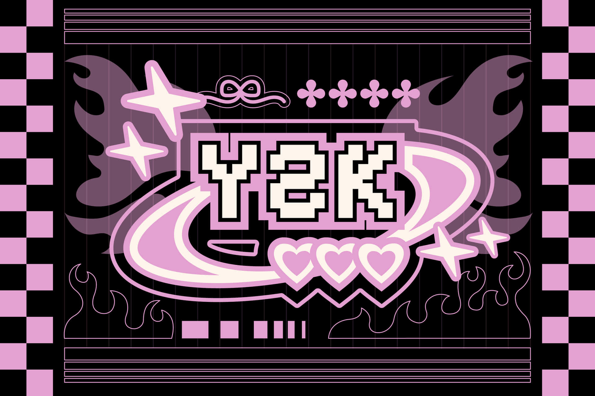  壁紙 — 充滿活力的粉紅色和黑色像素藝術標誌，帶有「Y2K」文字、心形、星星和棋盤格邊框，喚起懷舊的數位美學。