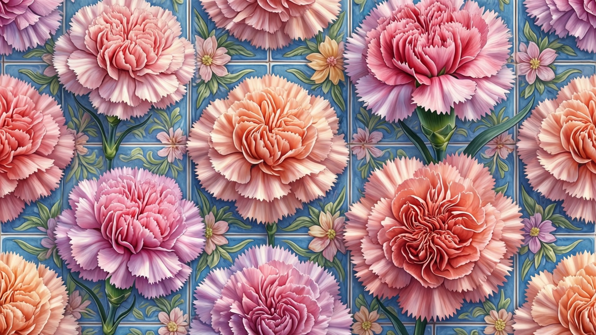 康乃馨 桌布 壁紙 — 鮮豔的粉紅色和蜜桃色康乃馨在藍色瓷磚背景上以重複圖案盛開，帶有精緻的花卉點綴。