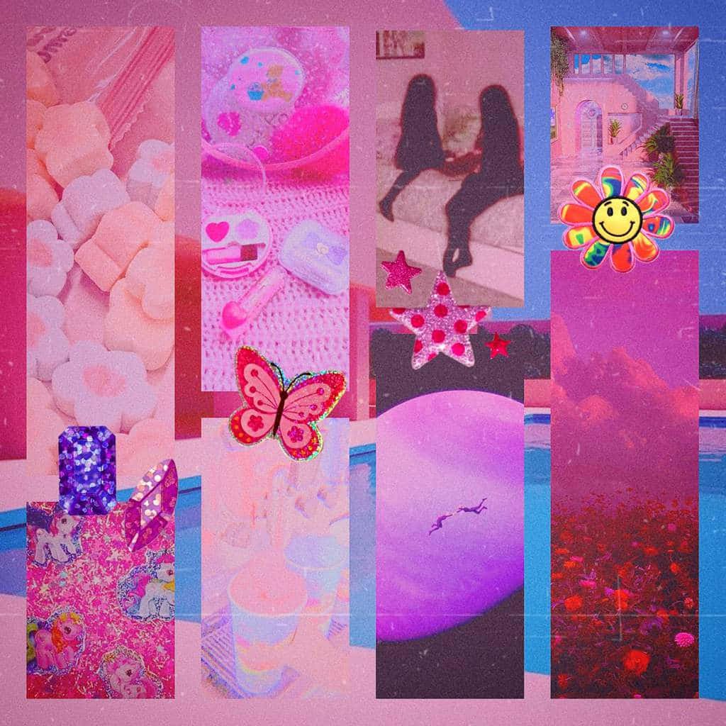  壁紙 — 充滿活力的粉紅色和紫色拼貼畫，包含糖果、玩具、蝴蝶和夢幻場景，帶有閃閃發光的懷舊美學。