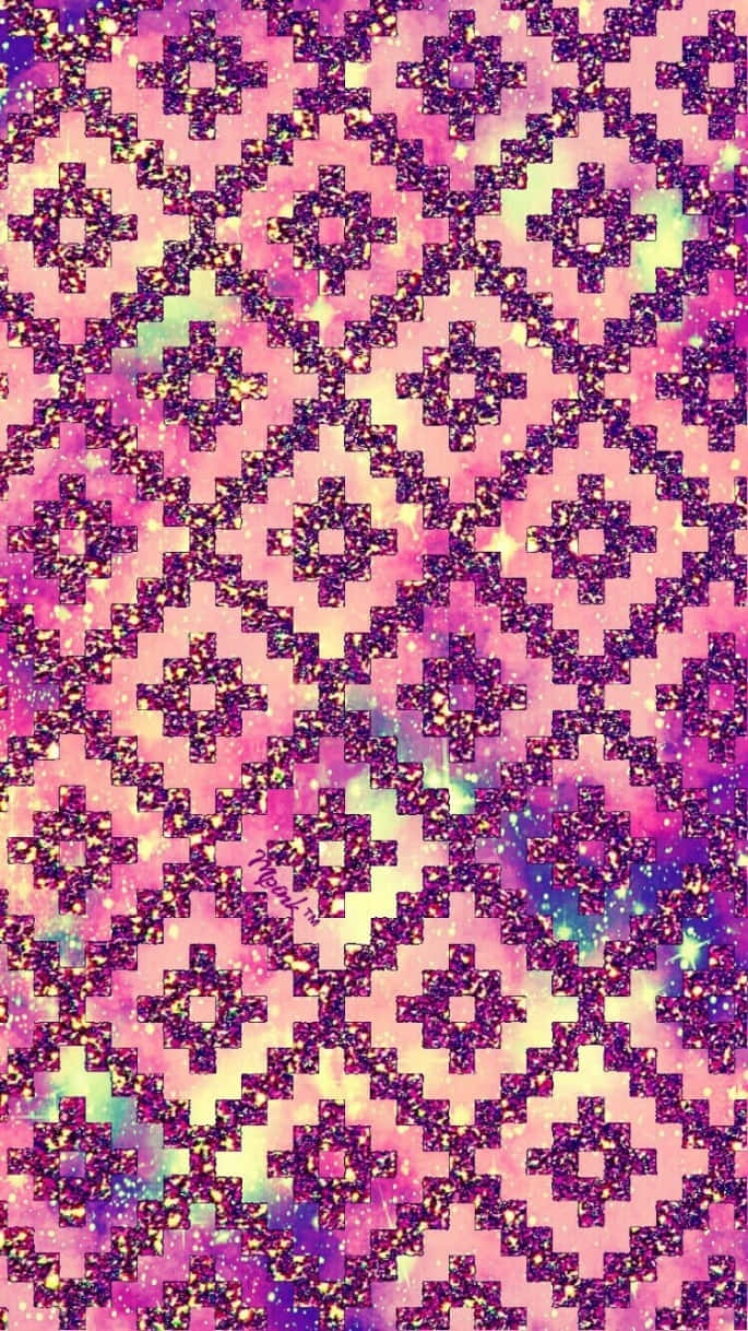  壁紙 — 充滿活力的粉紅色和紫色閃亮幾何圖案，帶有星爆形狀，背景為宇宙漸變。