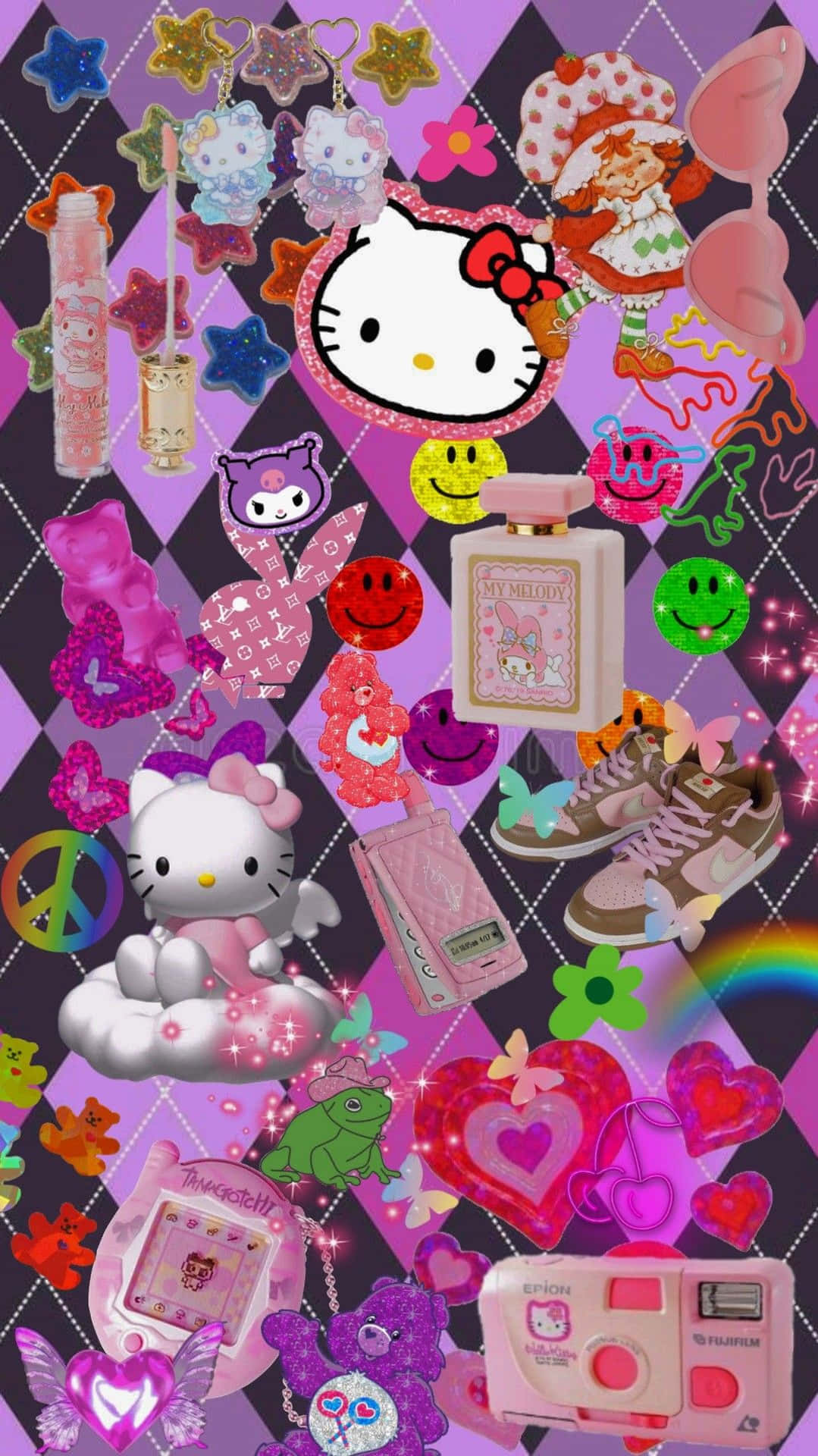  壁紙 — 充滿活力的粉紅色和紫色桌布拼貼，以Hello Kitty、閃亮心形、玩具和可愛配件為特色，背景為格紋圖案。