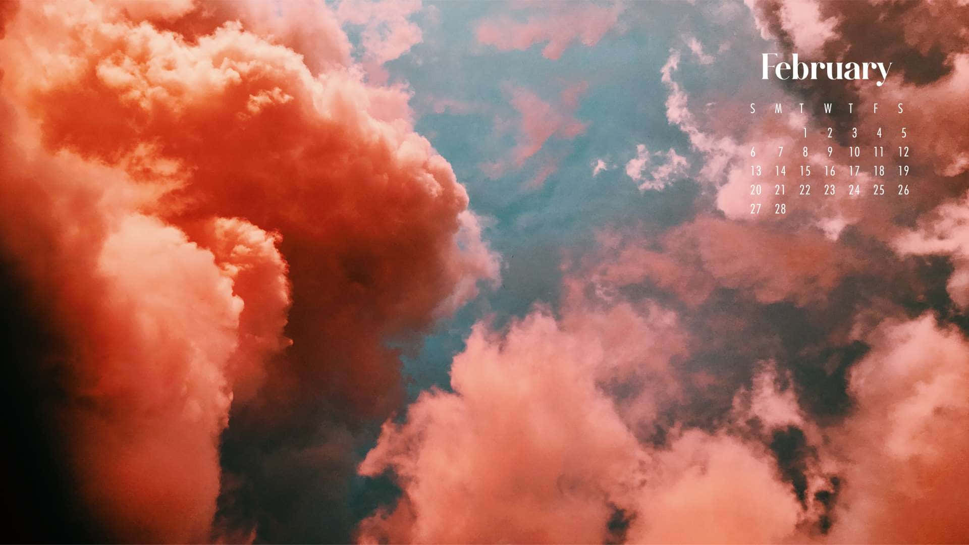  壁紙 — 鮮豔的粉紅色和藍綠色雲朵在角落的簡約二月日曆周圍戲劇性地旋轉。