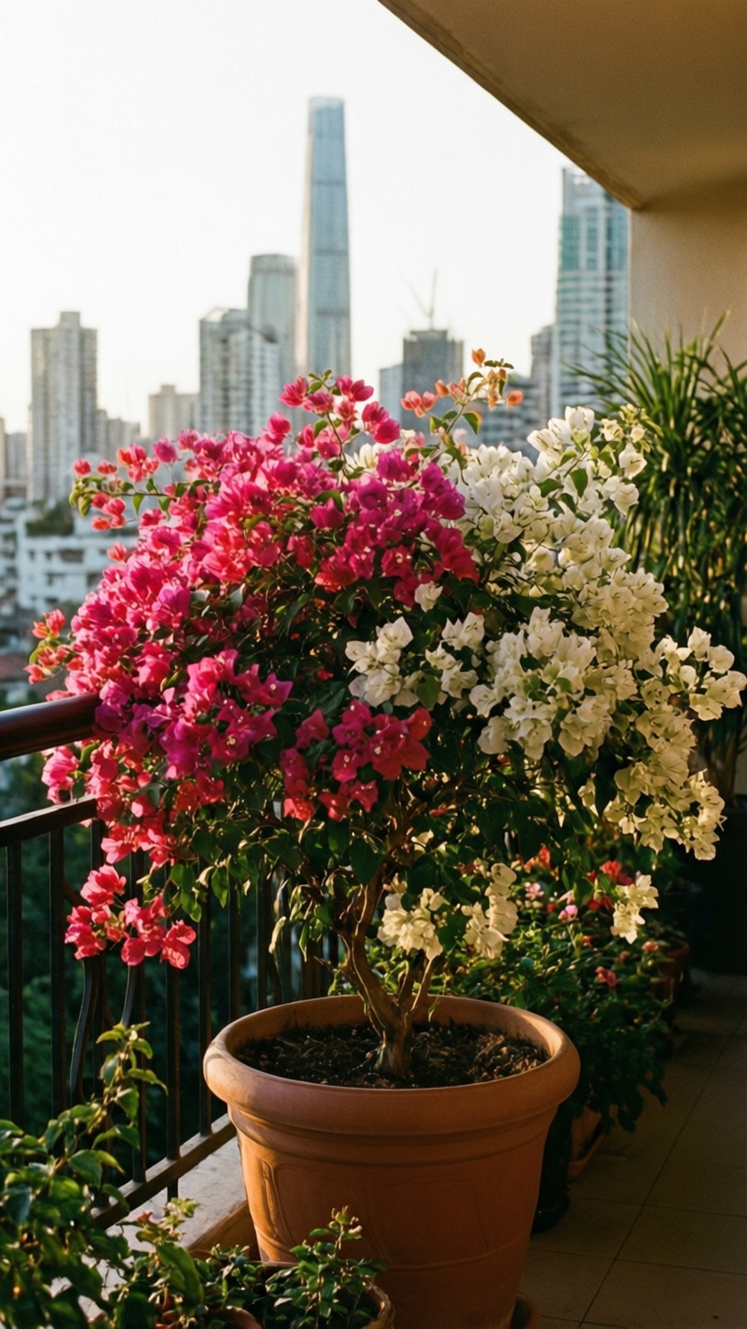 City Balcony Bloom 壁紙 — 鮮豔的粉紅色和白色九重葛從陽台上的赤陶盆中傾瀉而下，俯瞰現代城市天際線。