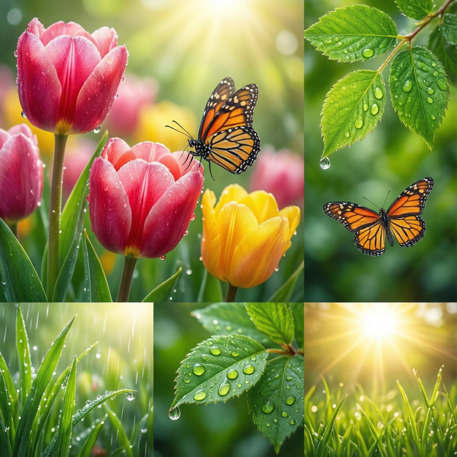 Spring Elements Collage 壁紙 — 鮮豔的粉紅色和黃色鬱金香在露水中閃閃發光，帝王蝶在茂密的綠葉間翩翩起舞，沐浴在燦爛的陽光下。