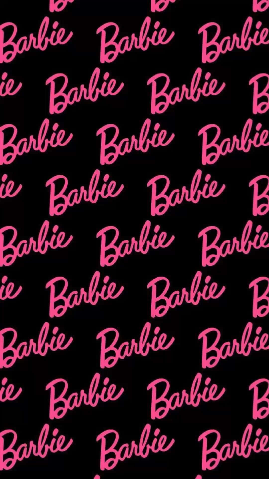  壁紙 — 鮮豔的粉紅色「Barbie」文字以草書重複出現在純黑色背景上，形成大膽的壁紙圖案。