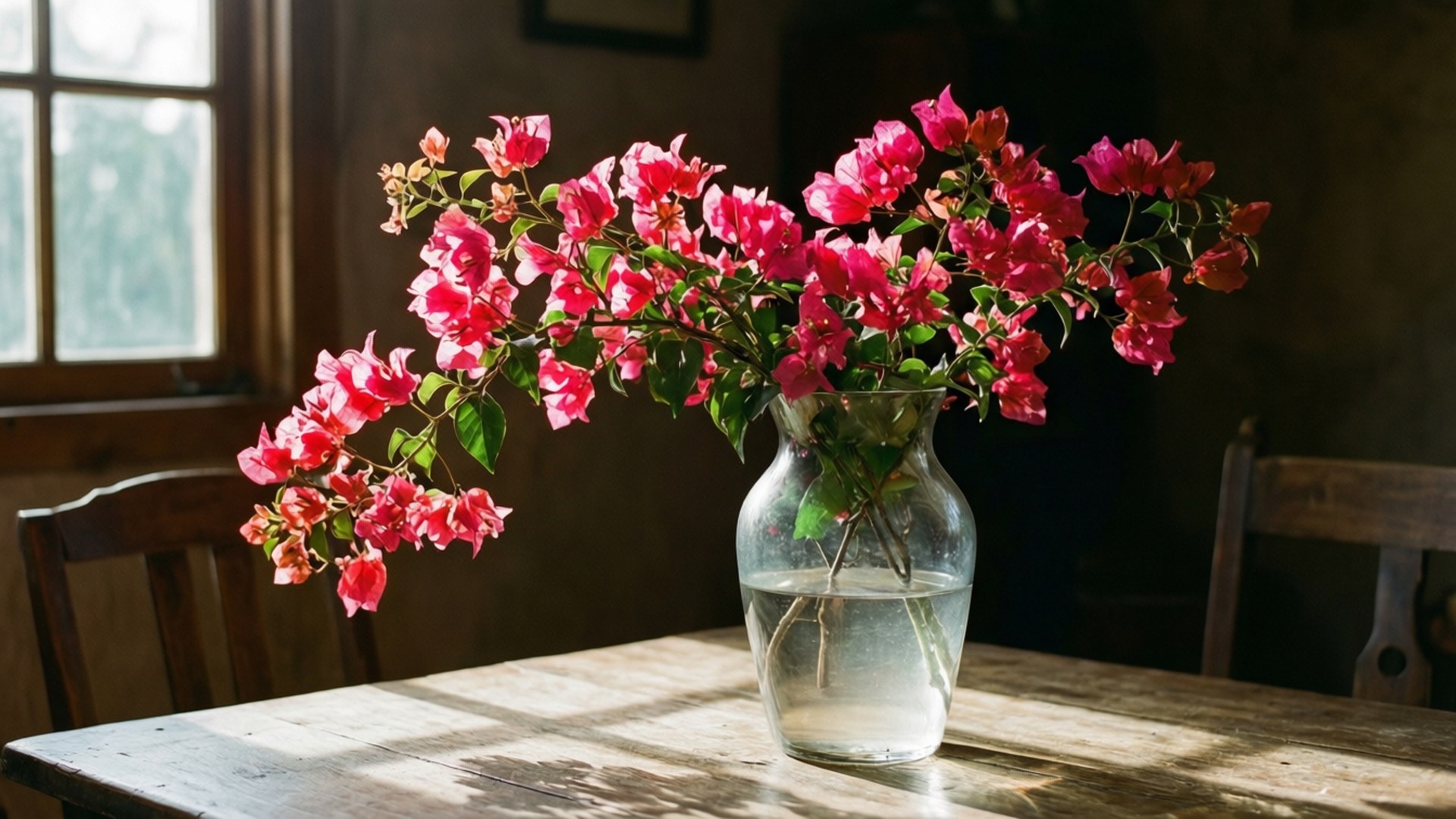 Vase of Bougainvillea Still Life 壁紙 — 鮮豔的粉紅色九重葛從一個裝滿水的透明玻璃花瓶傾瀉而出，花瓶放在窗邊一張陽光普照的木桌上。