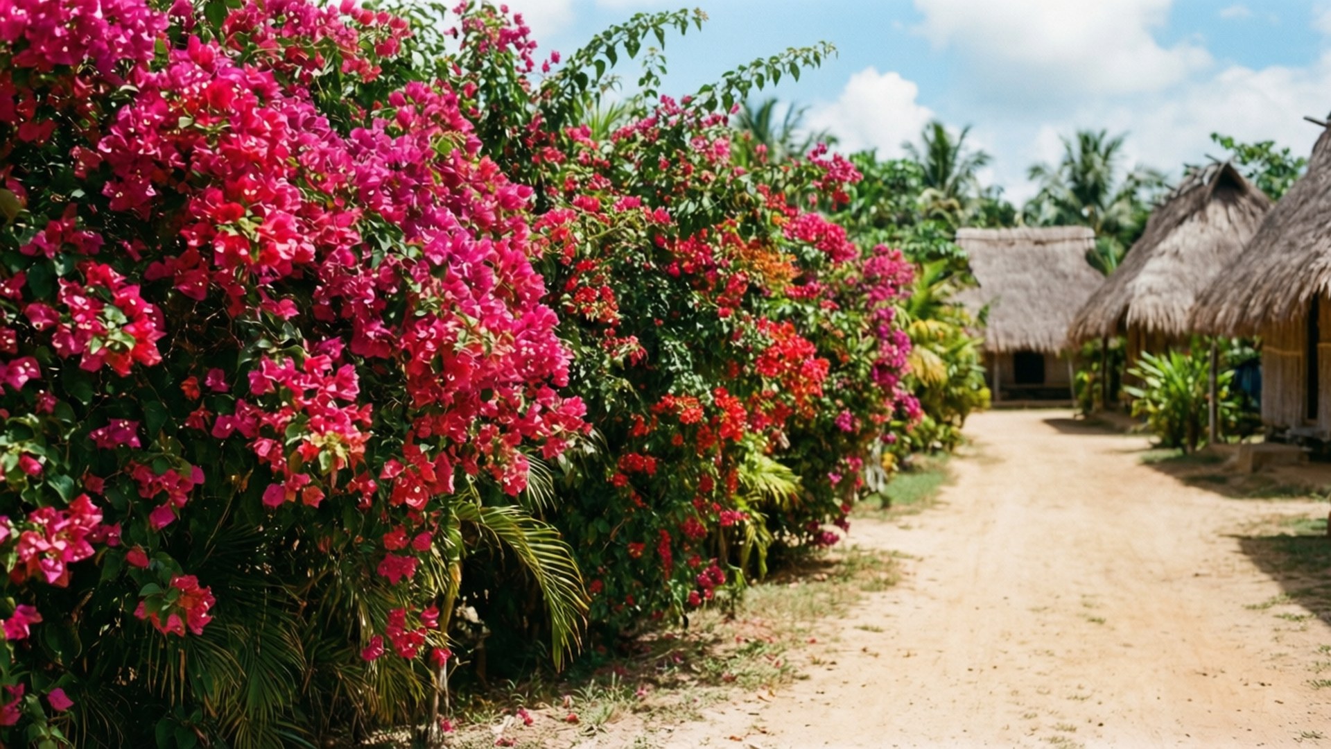 Tropical Village Bougainvillea Path 壁紙 — 鮮豔的粉紅色九重葛灌木叢排列在一條泥路上，通往茅草屋頂的小屋，上方是晴朗的藍天和蓬鬆的白雲。