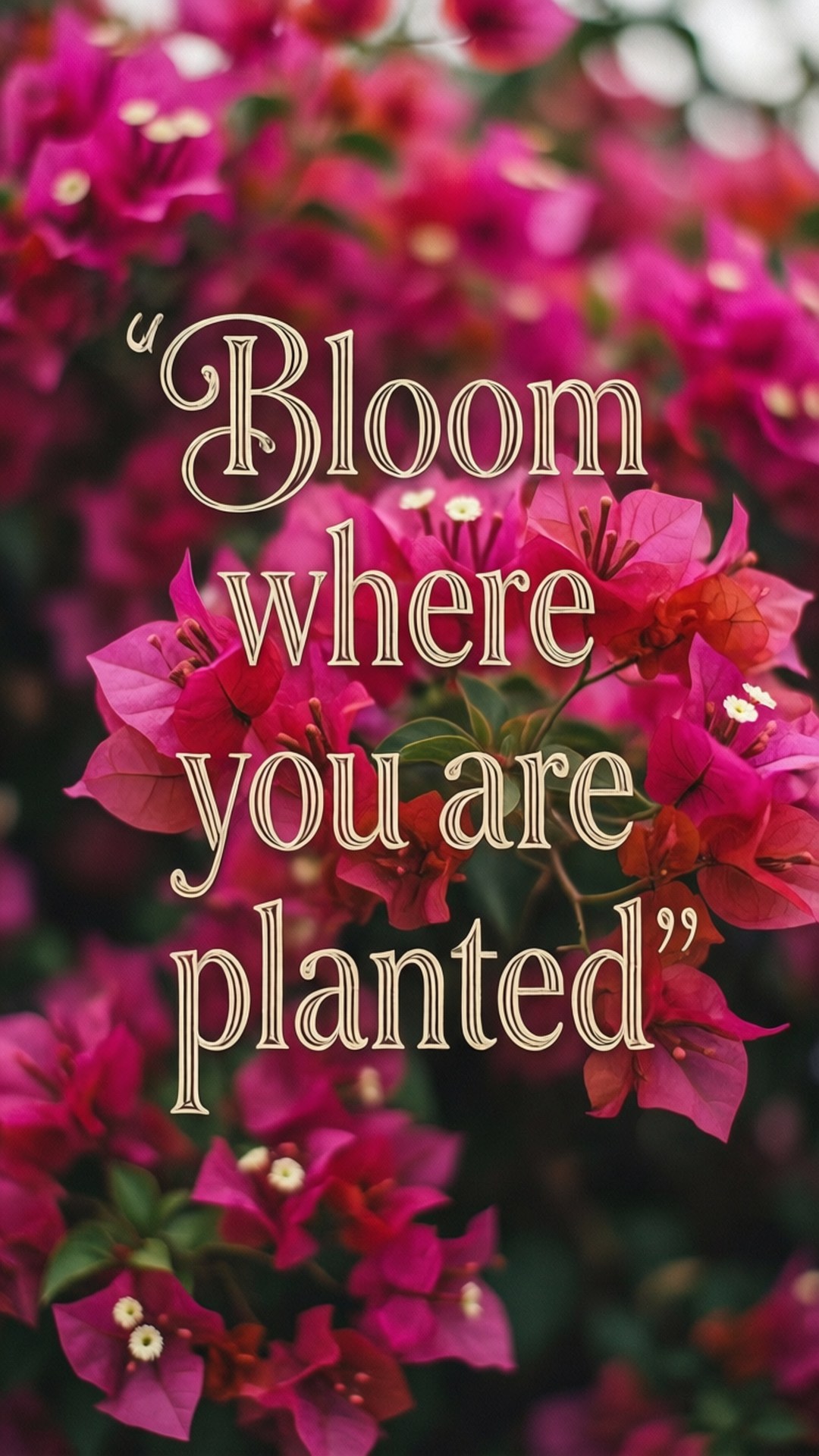 Bloom Quote Bougainvillea 壁紙 — 鮮豔的粉紅色九重葛花朵在優雅的金色草書文字「在你被種植的地方綻放」後面盛開。