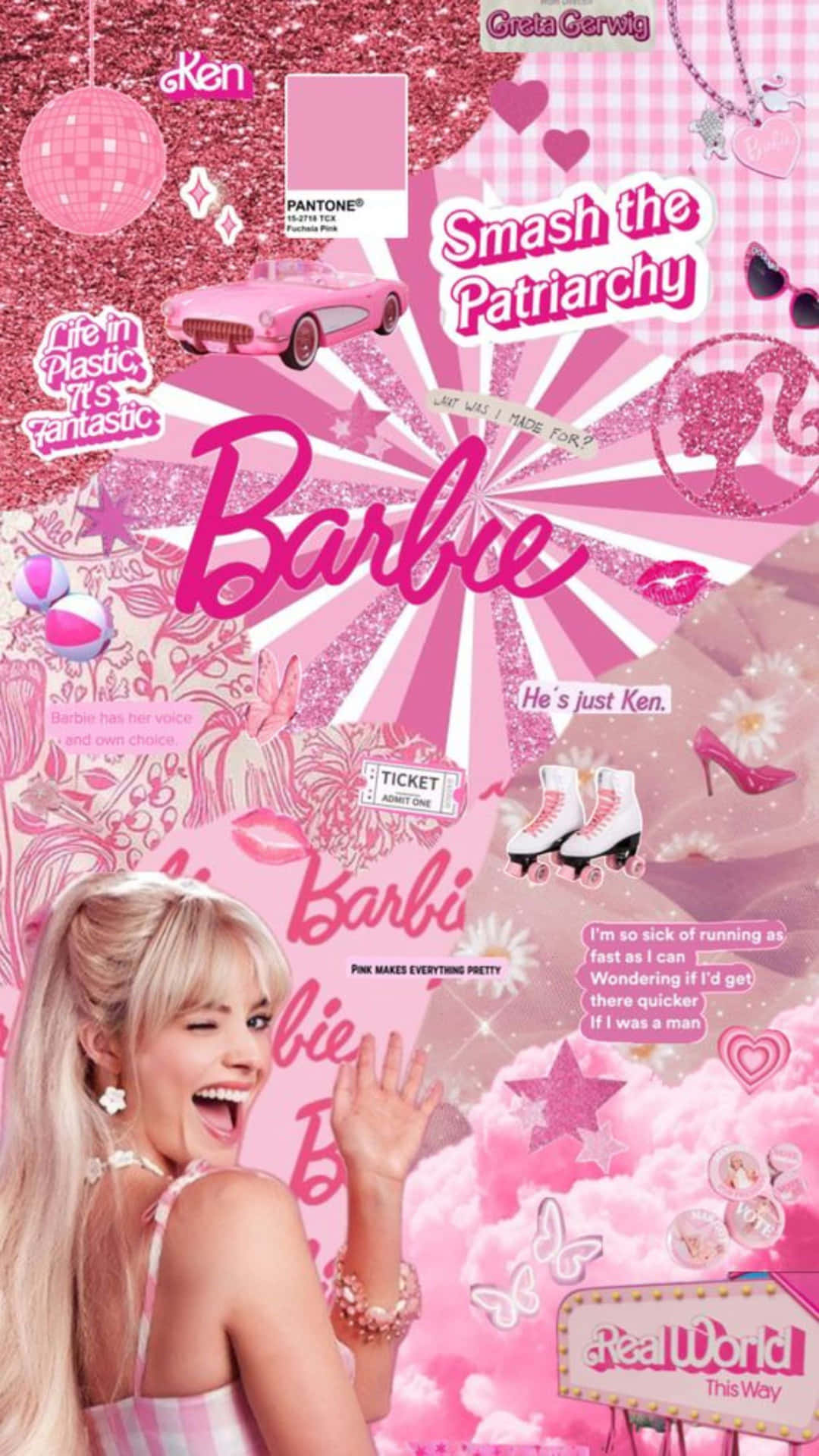  壁紙 — 一個充滿活力的粉紅色拼貼畫， featuring Barbie，帶有閃閃發光的文字引言和標誌性的粉紅色物品，如汽車、溜冰鞋和高跟鞋。