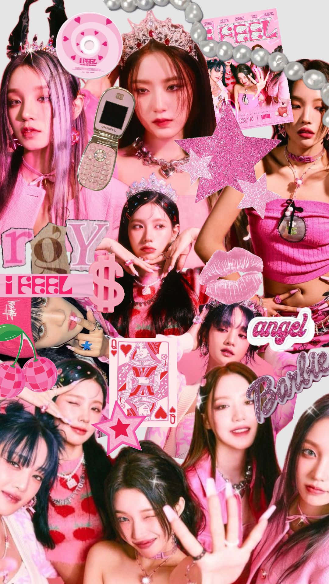  壁紙 — 一個充滿活力的粉紅色拼貼畫，展示多位K-pop偶像穿著華麗服裝，周圍環繞著閃閃發光的星星、復古電話和俏皮的文字疊加。