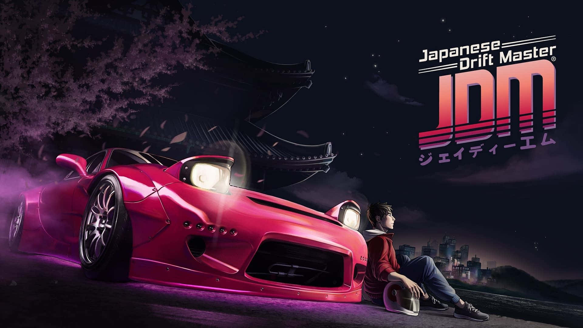  壁紙 — 夜晚，一輛充滿活力的粉紅色漂移車帶著發光的車頭燈，在傳統日本寺廟附近的櫻花下行駛。