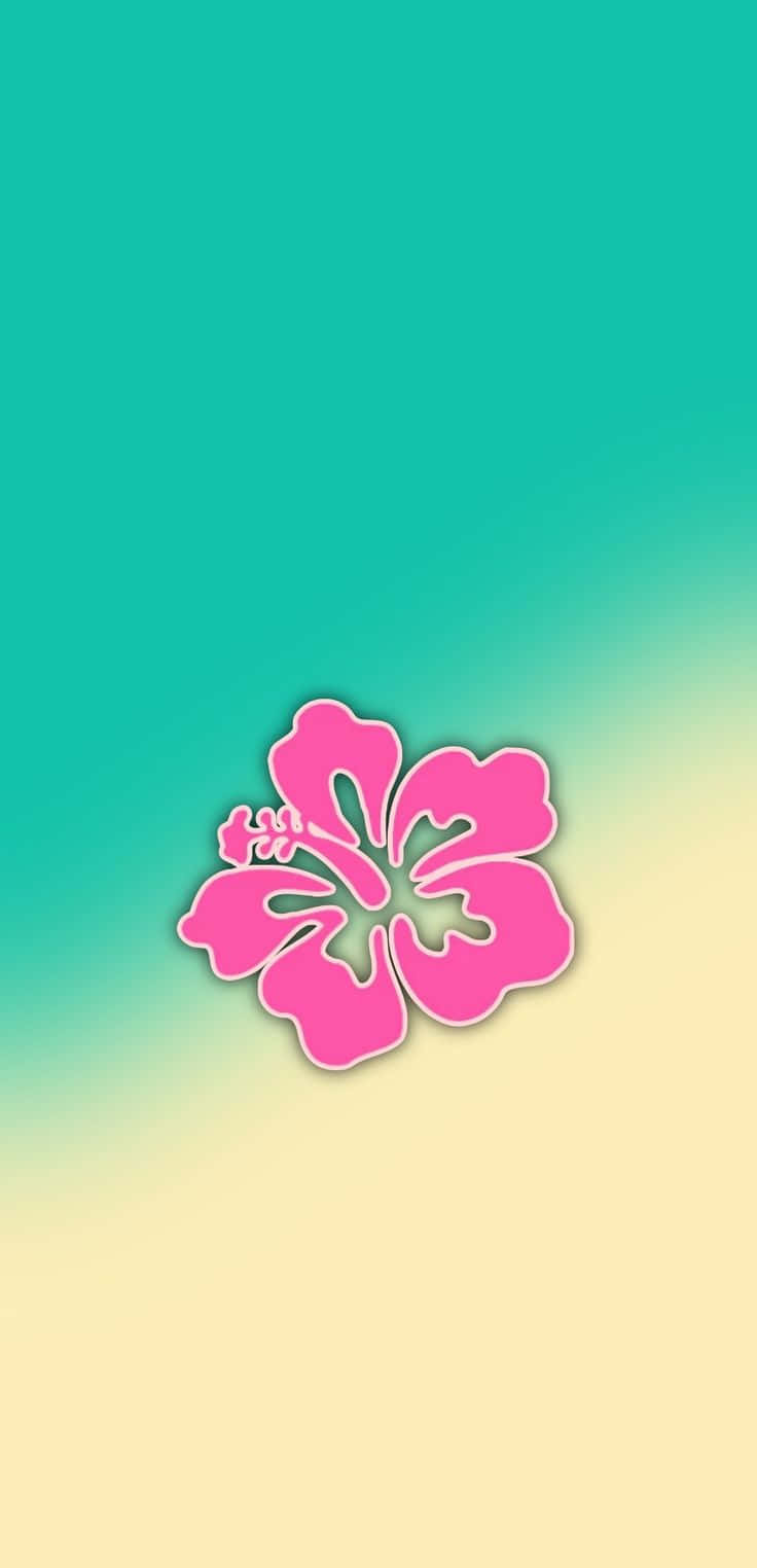  壁紙 — 一朵鮮豔的粉紅色木芙蓉花漂浮在從青綠色到黃色的漸變背景上。