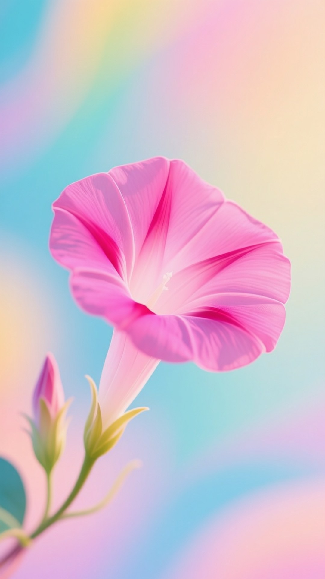 Pastel Dream Morning Glory 壁紙 — 一朵充滿活力的粉紅色牽牛花在柔和的粉彩彩虹漸變背景上盛開。