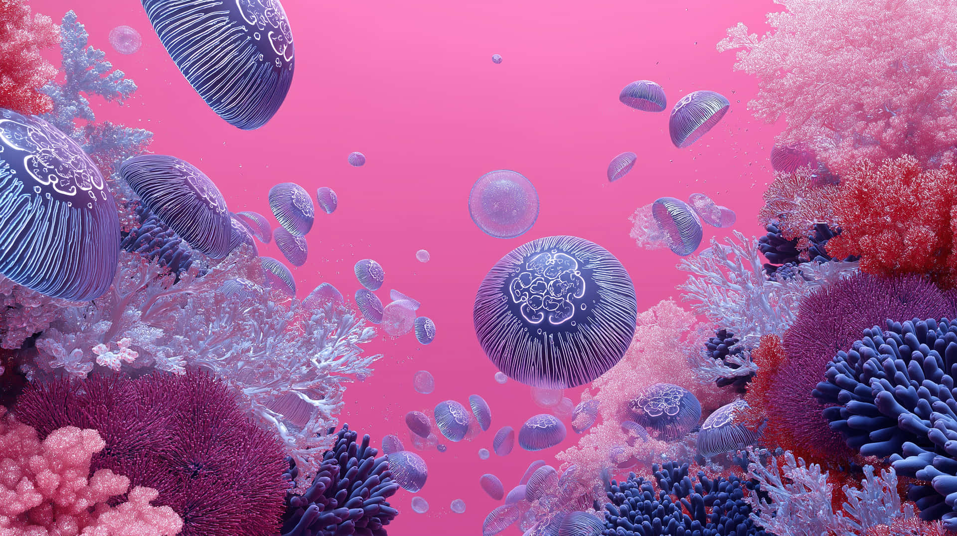 超現實的水下場景，發光的水母和色彩繽紛的珊瑚，呈現粉紅色和藍色調。 — 海洋 壁紙