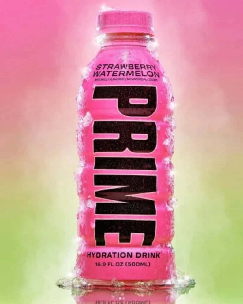  壁紙 — 一個充滿活力的粉紅色Prime水合飲料瓶，帶有草莓西瓜口味，置中於粉紅色和綠色的柔和漸變背景上。