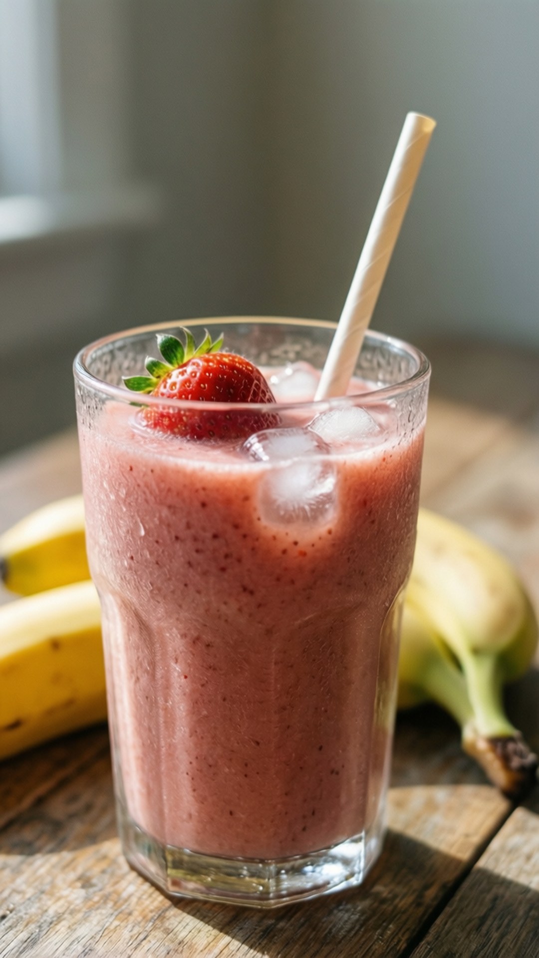 Banana Strawberry Smoothie 壁紙 — 一杯充滿活力的粉紅色草莓香蕉冰沙，配有冰塊和整顆草莓裝飾，放在質樸的木桌上，旁邊有兩根香蕉。