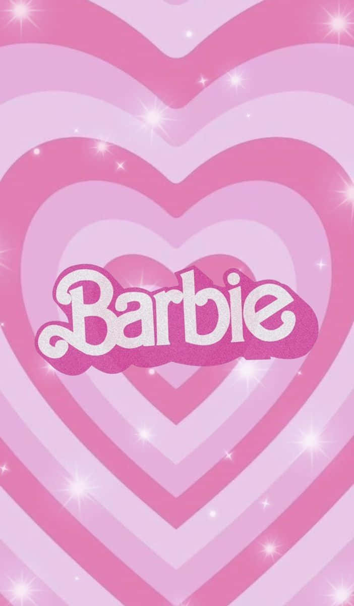 Glitter Barbie Aesthetic 桌布 壁紙 — 充滿活力的粉紅色桌布，帶有同心心形和閃爍星星，中央是標誌性的 Barbie 標誌。