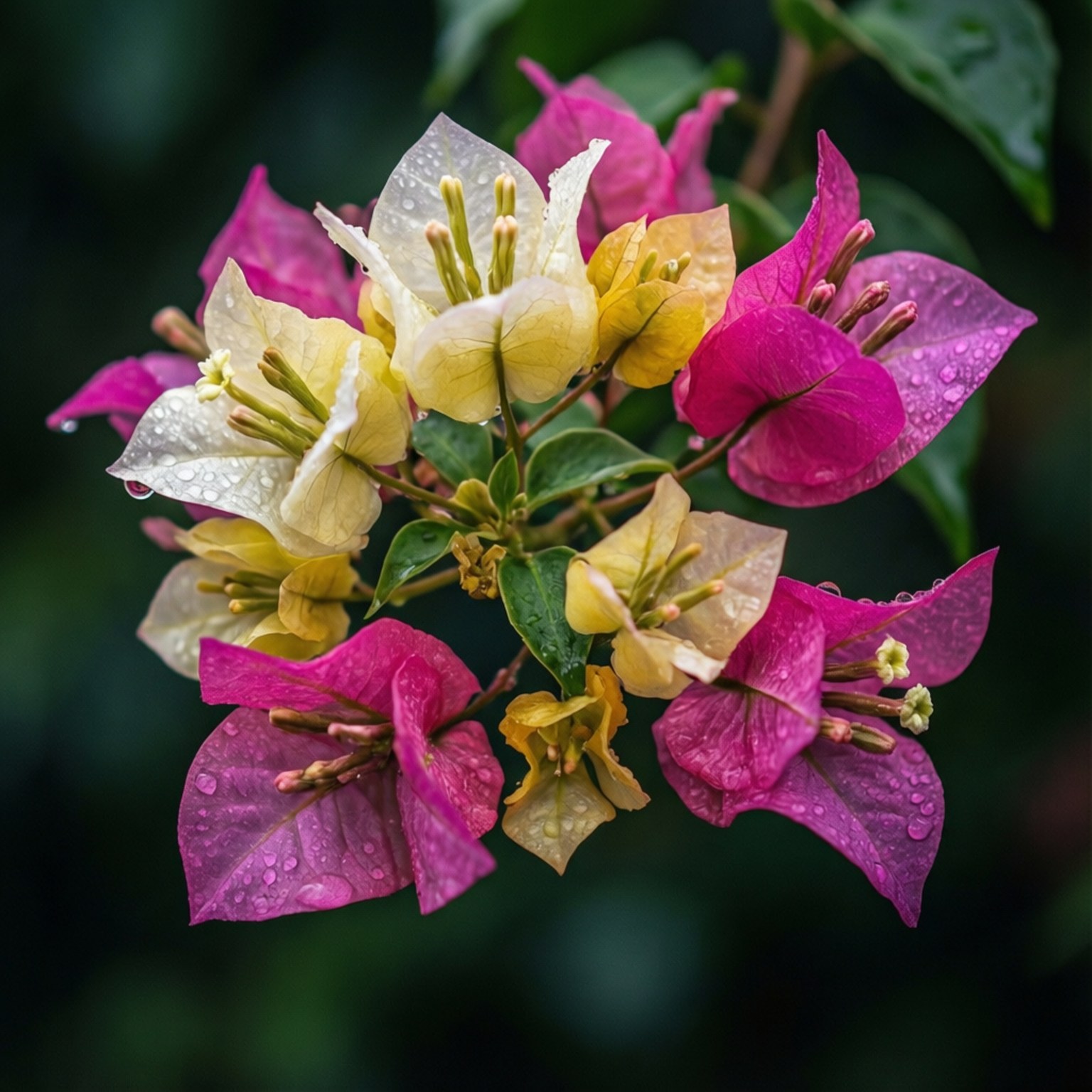 Bougainvillea Dew Drops 壁紙 — 充滿活力的粉紅色、黃色和白色九重葛花朵在深綠色模糊背景下閃爍著露珠。