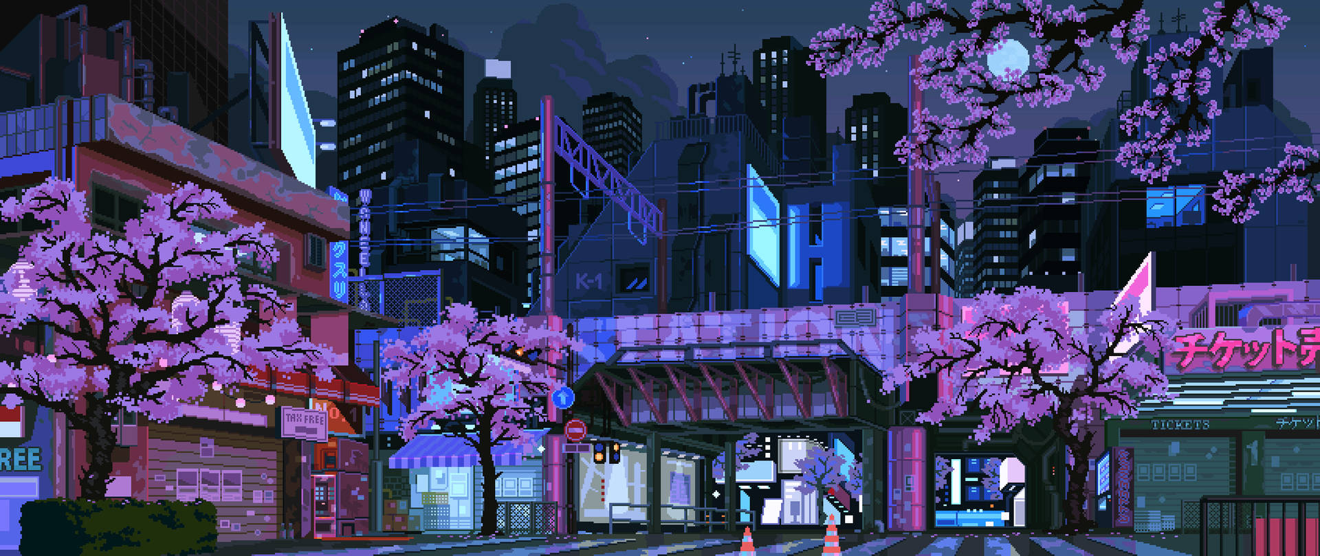 夜晚的像素藝術城市街道，帶有櫻花樹和霓虹燈招牌。 — 8位元日本 壁紙