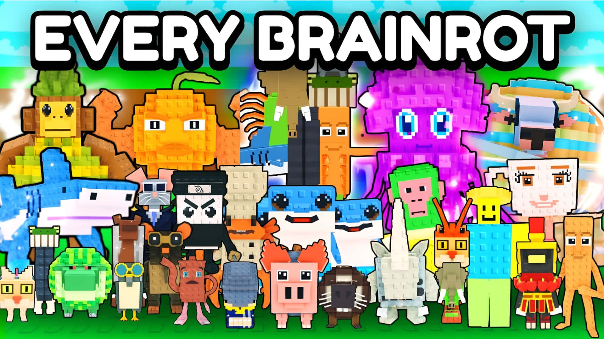  壁紙 — 一幅充滿活力的像素藝術拼貼畫，描繪了多種Minecraft風格的角色，色彩大膽，設計方塊化，背景是明亮的天空。