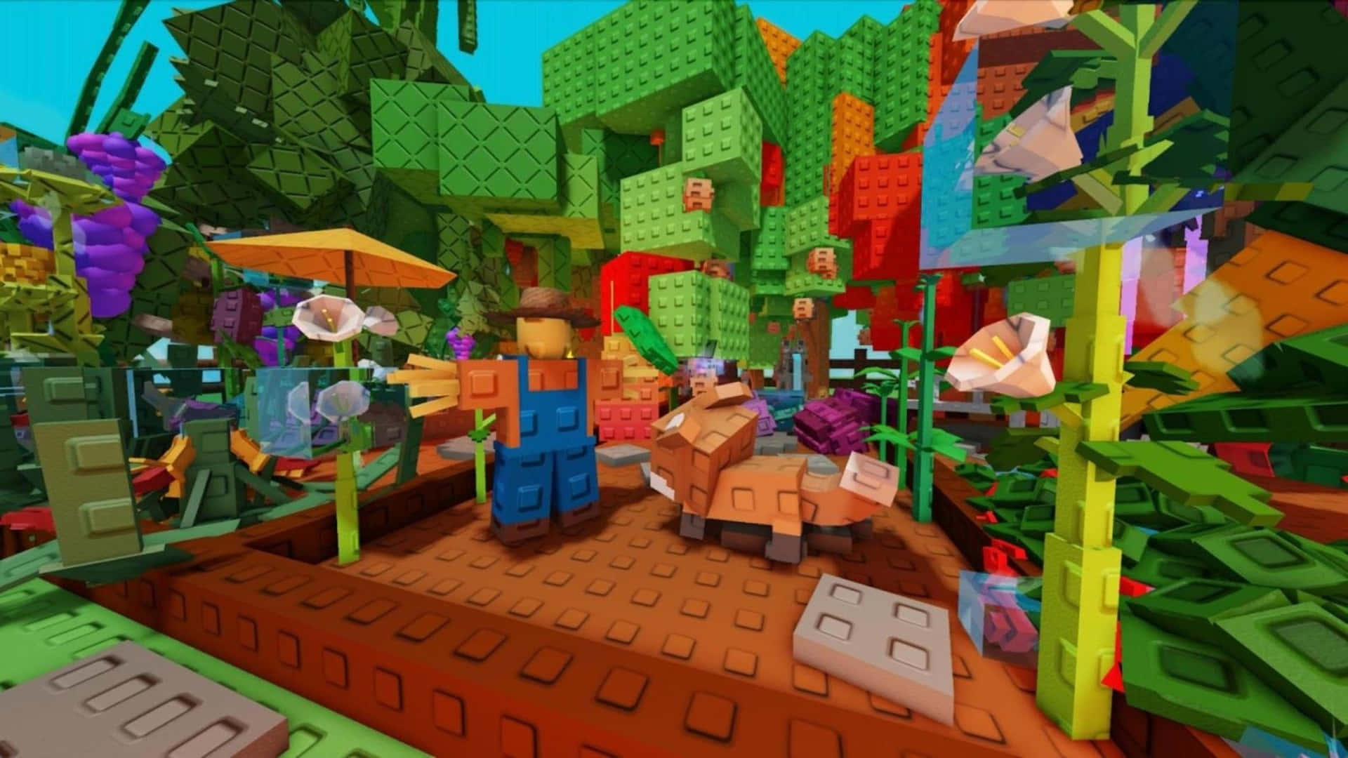  壁紙 — 充滿活力的像素藝術花園場景，有方塊角色和色彩繽紛的LEGO風格植物，在明亮的藍天下。